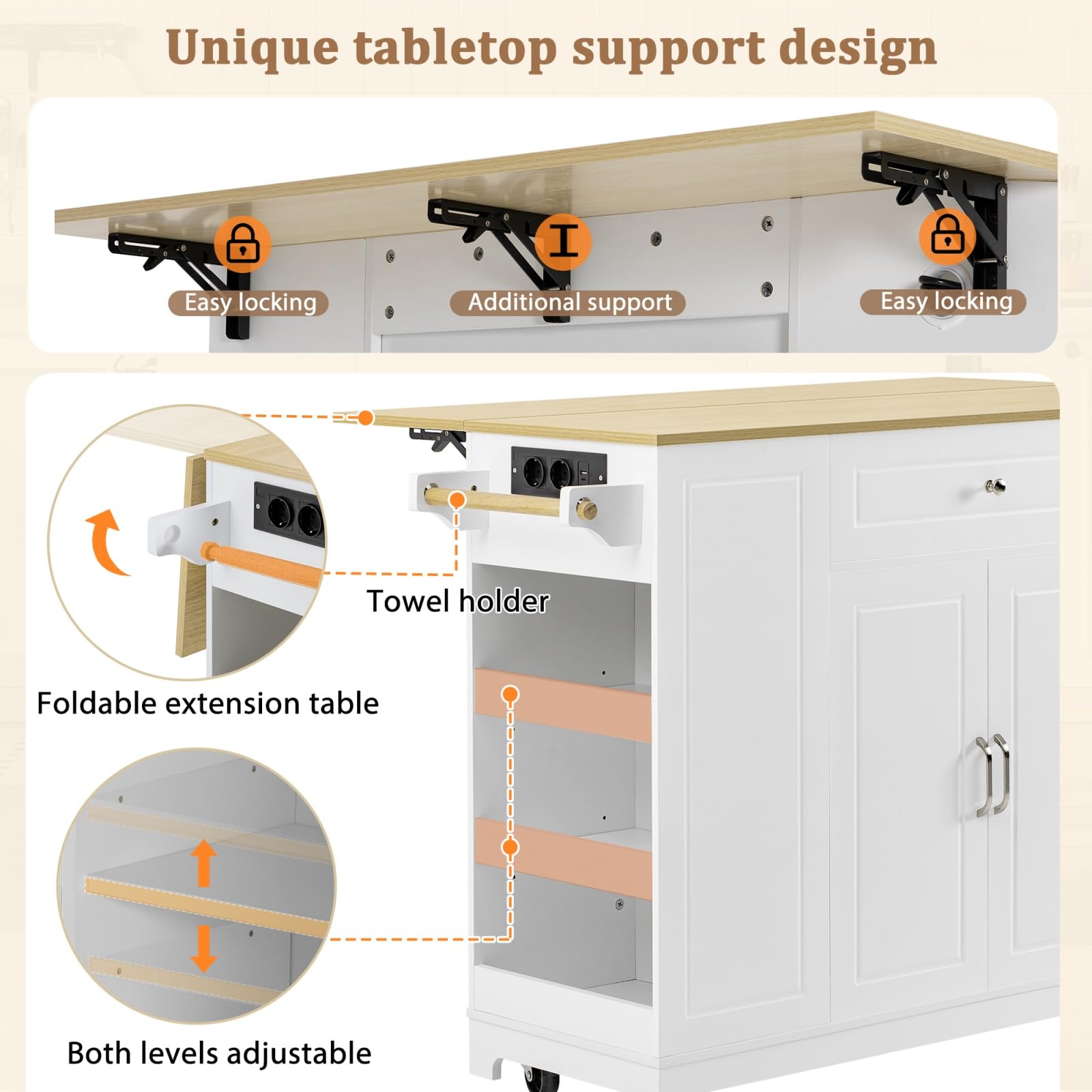 YEHTOKHOME Îlot de Cuisine avec 2 Prises et USB, Chariot de Cuisine avec Plan Rabattable, Poubelle Intégrée, 2 Tiroirs, 2 Portes, roulettes Freinables, pour Salle a Manger (C-Blanc)