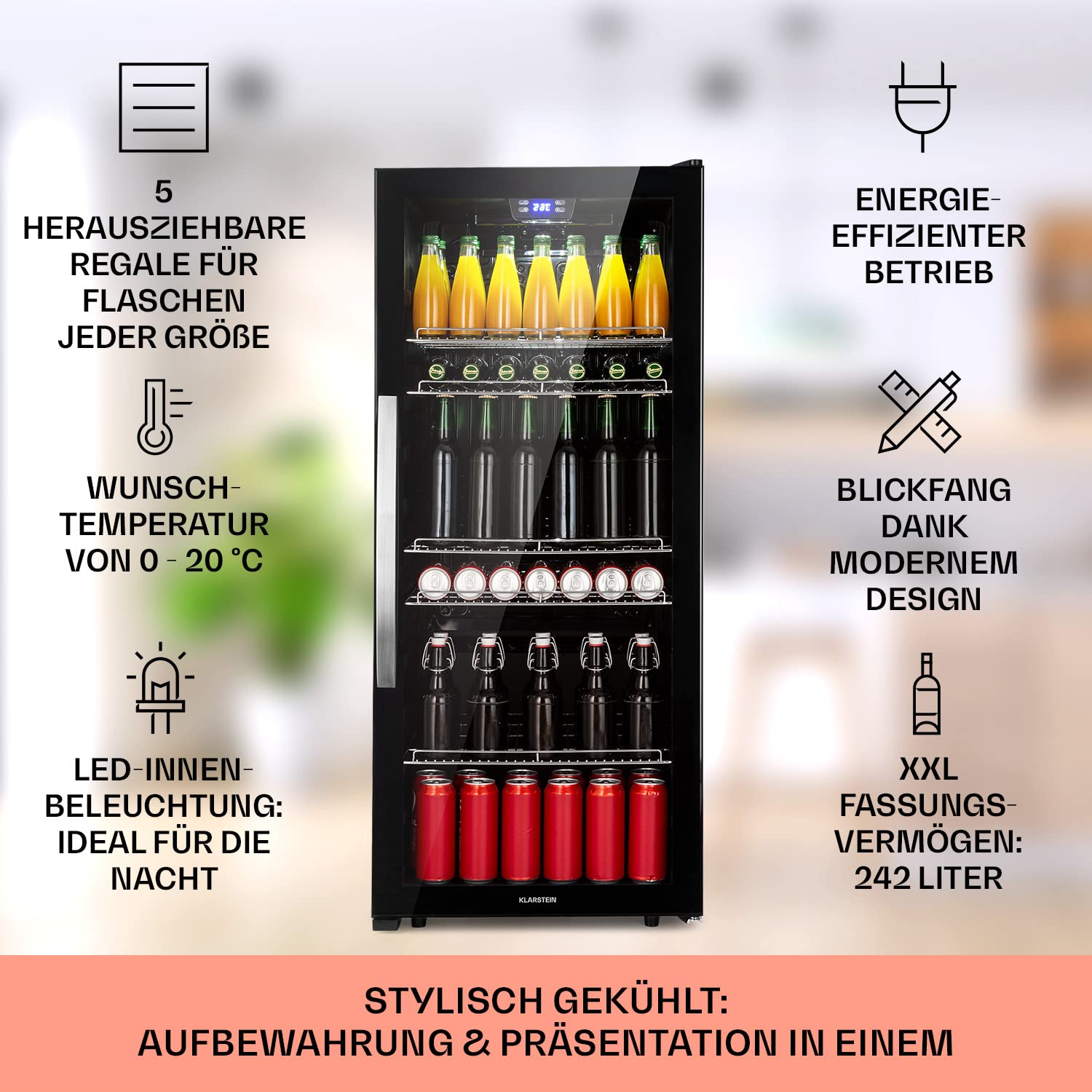 Klarstein Beersafe Getränkekühlschrank 242 L – Kühlschrank mit Glastür, Schwarz | LED-Beleuchtung, herausnehmbare Metallablagen, leise, Flaschenkühlschrank für Getränke & Dosen