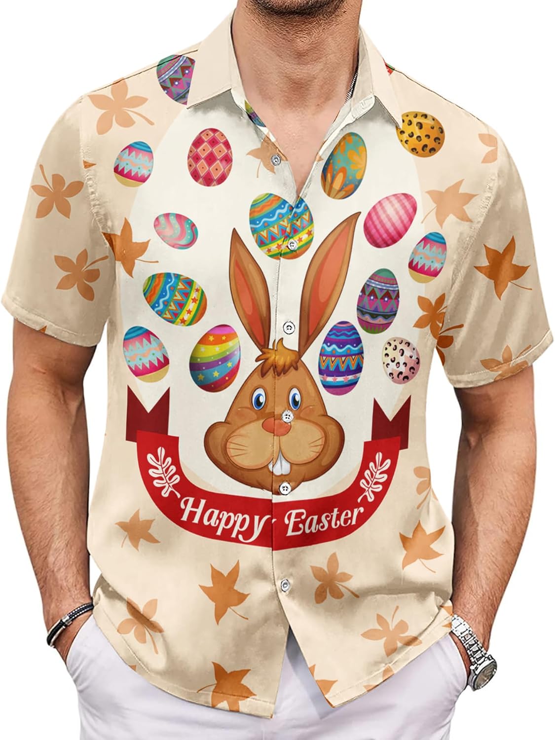 Easter Shirts for Men Funny Easter Eggs Bunny Carrot Print Hawaiian Button Dress Casual Shirts Loose Fit - Image 2