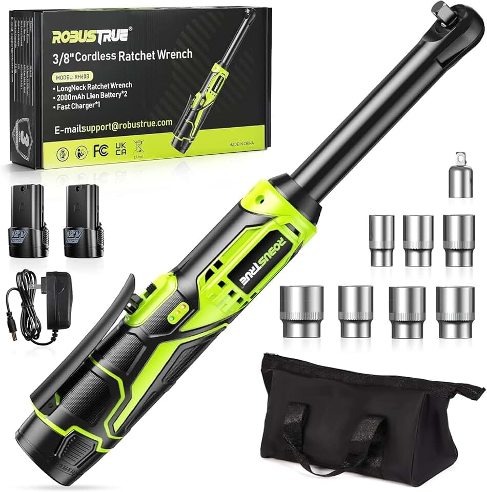 Robustrue 3/8" Cordless Ratchet Wrench, 6-inch Extended Ratchet Wrench, 40Ft-lbs 400RPM Cordless Ratchet, 2 Batteries Power Electric Ratchet Driver with Variable Speed, 7 Sockets, LED Light