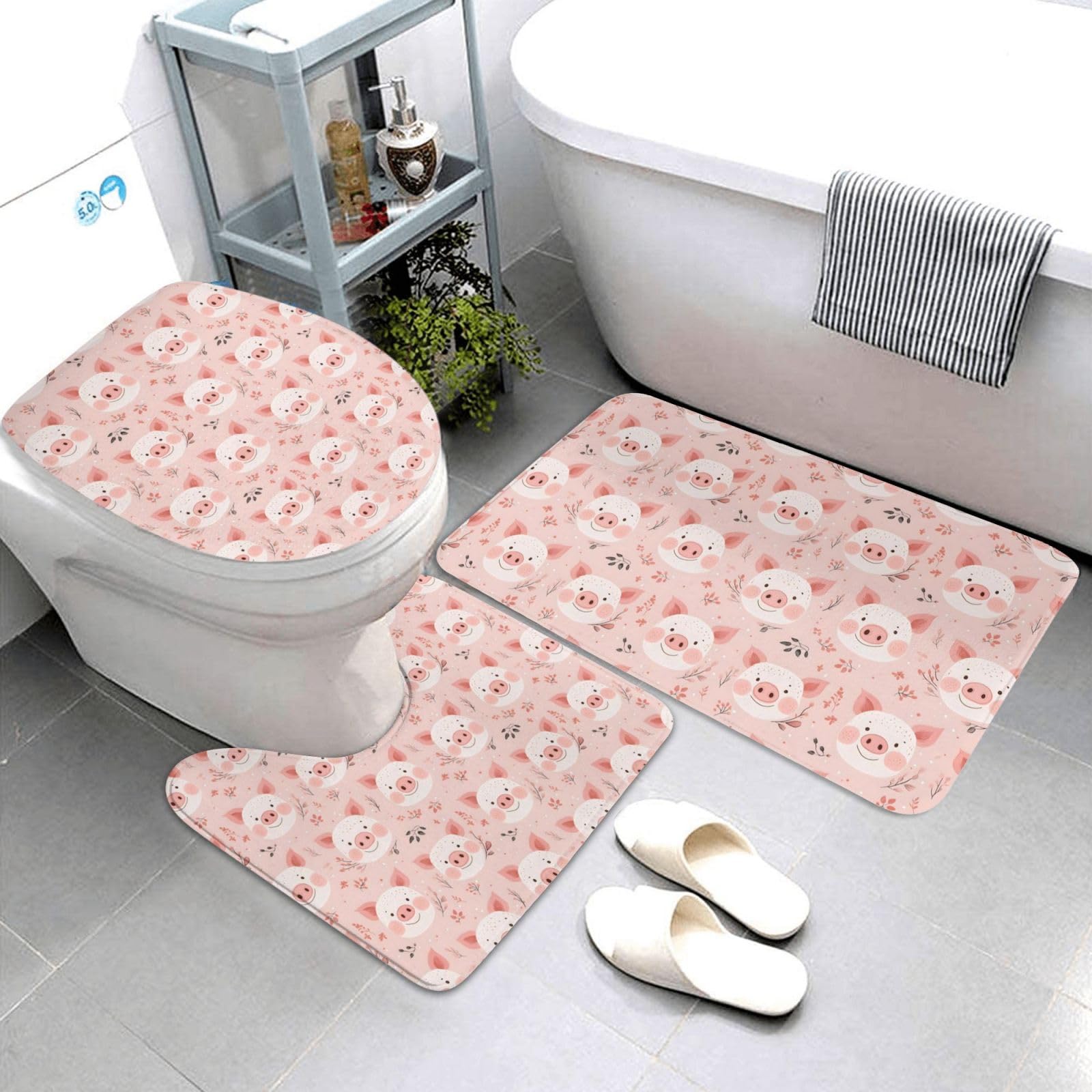 Tapis de salle de bain doux anti-glisse : lot de 3 tapis rose motif cochon