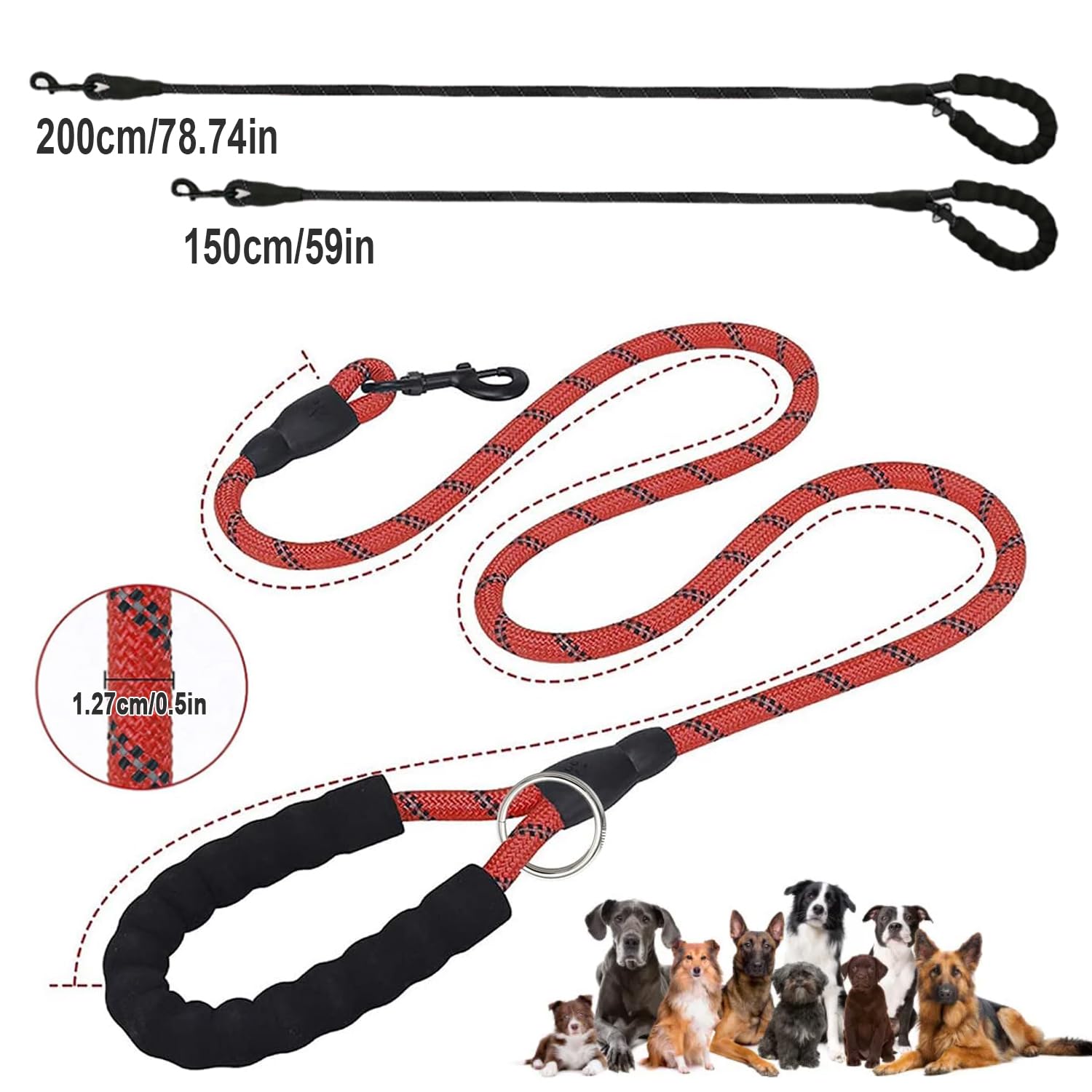 Rope Dog Lead with Soft Padded Handle, 1.5m/2m Reflective Lead and Multi-Colour for Medium Large Dogs 1.2 cm, Red - Image 2