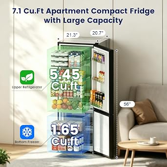 Apartment 7.1 Cu.Ft Refrigerator with Bottom Freezer Black | Office Fridge with Bottom Freezer, Large Capacity, Energy Saving, Adjustable Thermostat, Low Noise