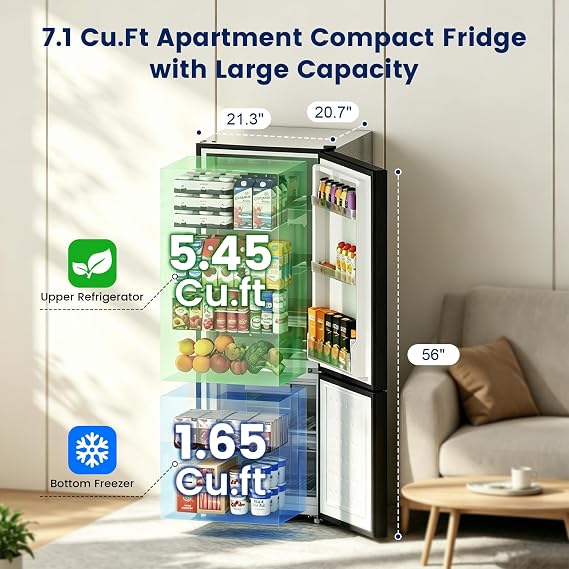 Apartment 7.1 Cu.Ft Refrigerator with Bottom Freezer Black | Office Fridge with Bottom Freezer, Large Capacity, Energy Saving, Adjustable Thermostat, Low Noise