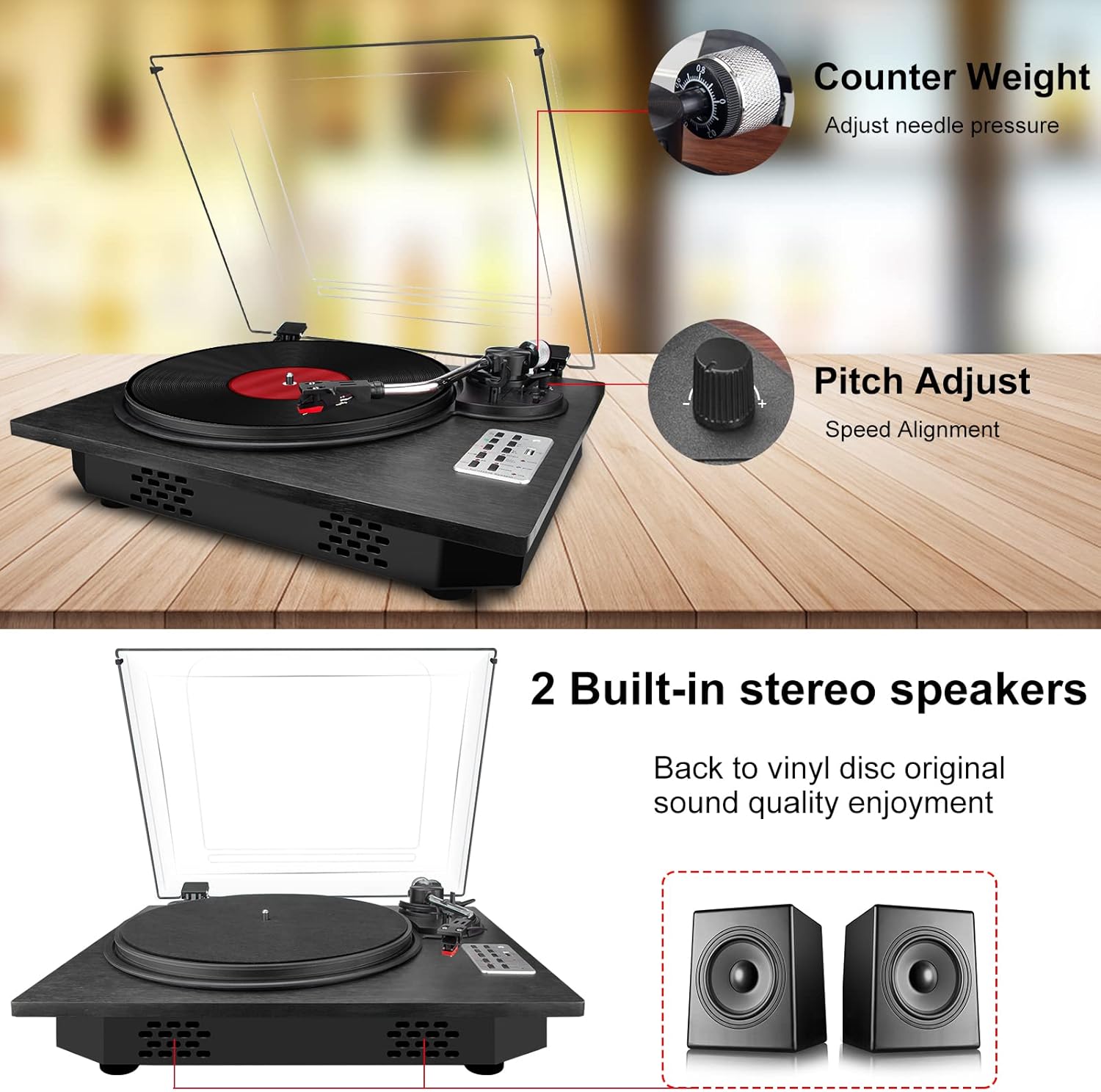 Vinyl Record Player, 3 Speed Turntable with Bluetooth Built-in Speakers Record Player Vinyl USB Direct MP3 Recording Phonograph Player, Adjustment Counterweight Pitch Control, Black