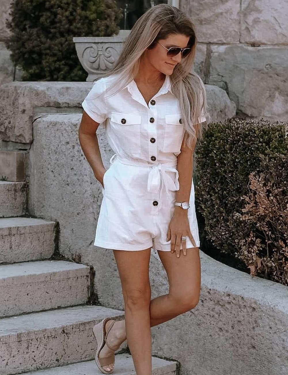 GRAPENT Women's Summer Short Sleeve Button Down Pockets Belted Jumpsuits Rompers - Image 5