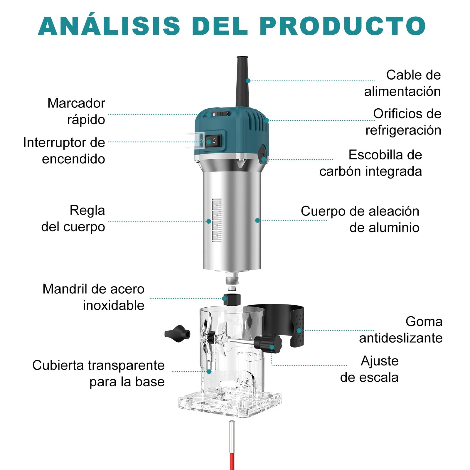 Fresadora Para Madera Compacta, 6,35 Mm Fresadora De Cantos De Mano Portátil, 800W 28000Rpm Fresadoras Eléctrica Para Madera Enrutador De Palma Eléctrico Con 15 Fresas