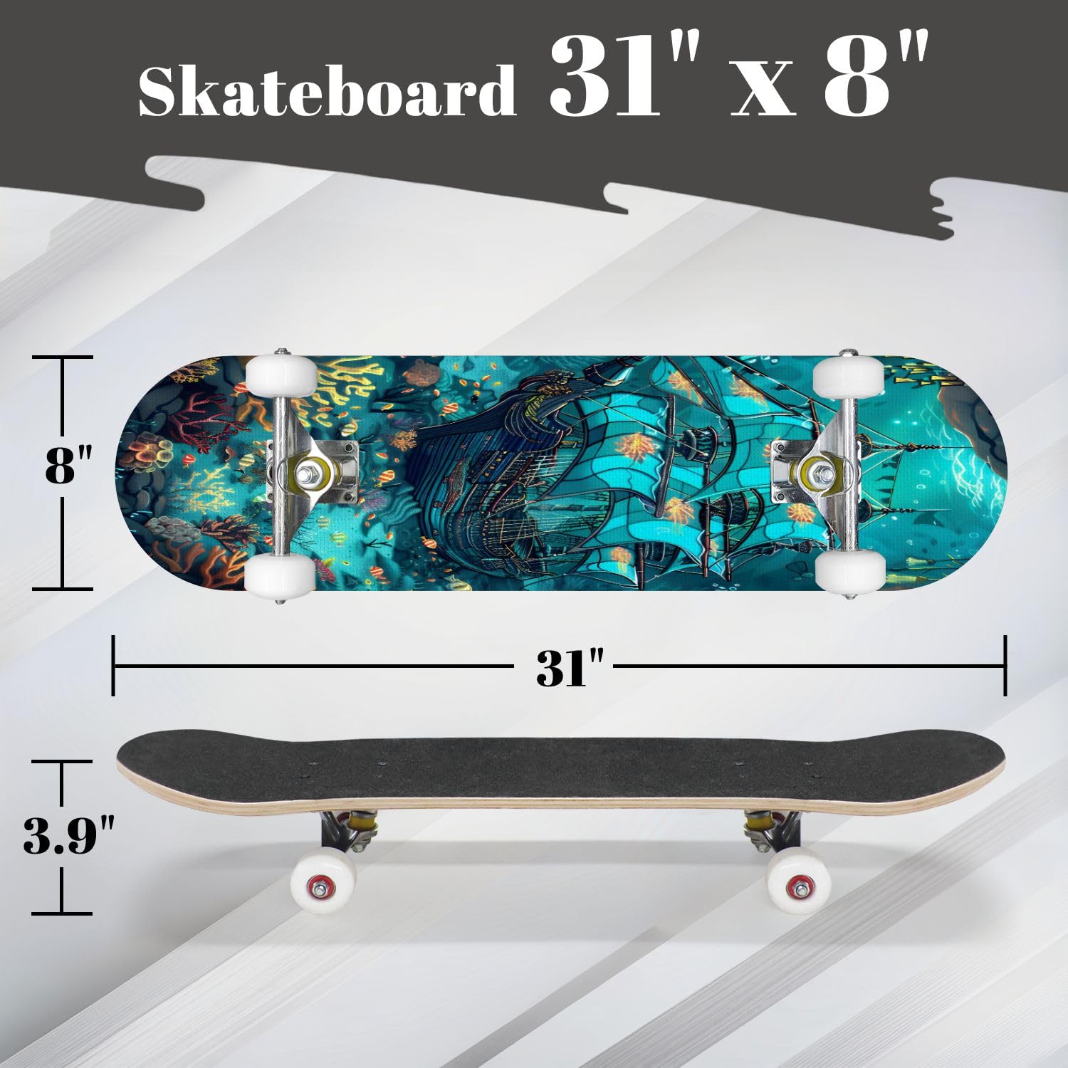 Complete Skateboard with Teal Sail Sunken Ship Art Ocean Scene Beginner Skateboard 7-Layer Maple Wood Double Kick Concave Skateboards for Kids, Adults, Teens 31
