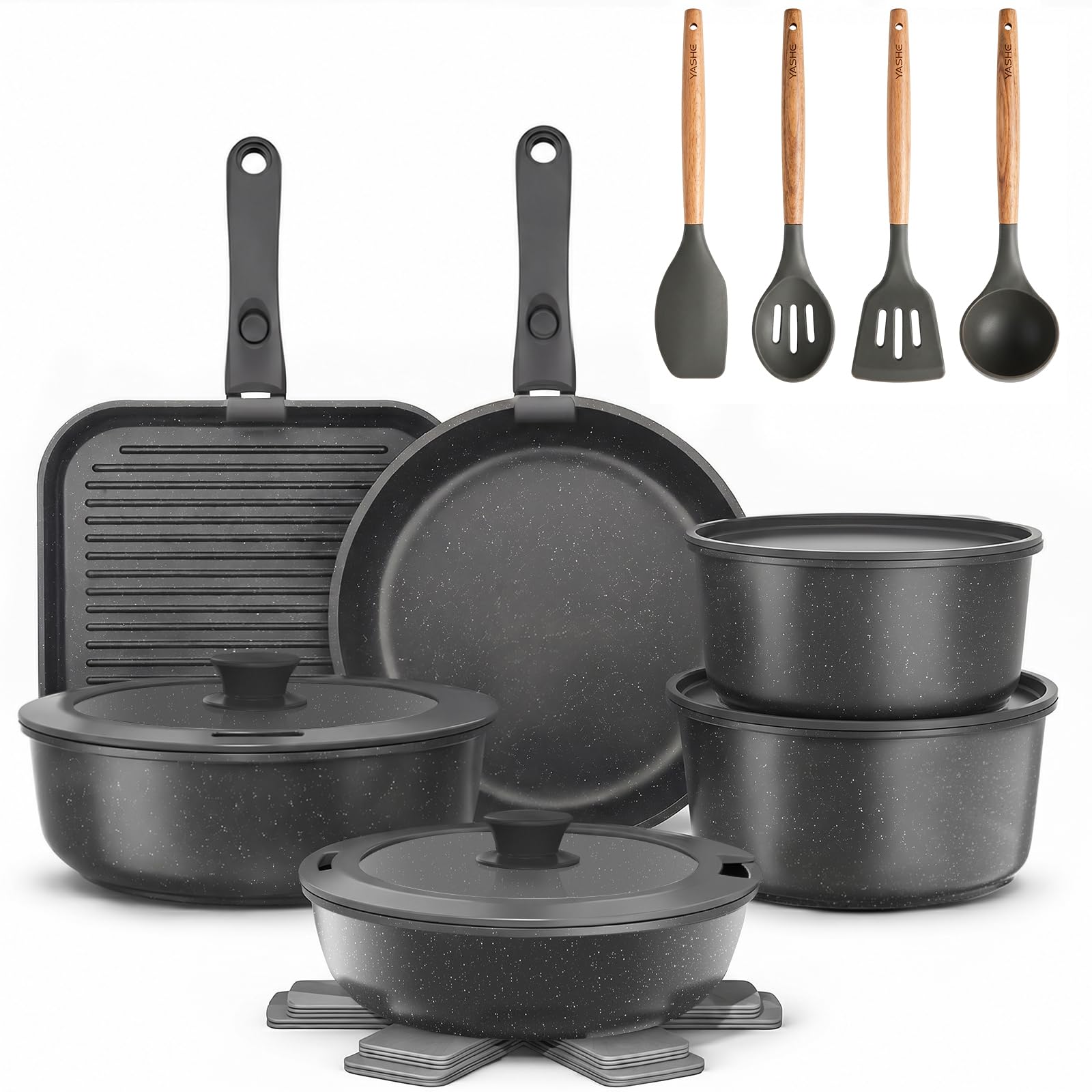 YASHE 21Pcs Nonstick Pots and Pans Set with Removable Handles, Oven Safe