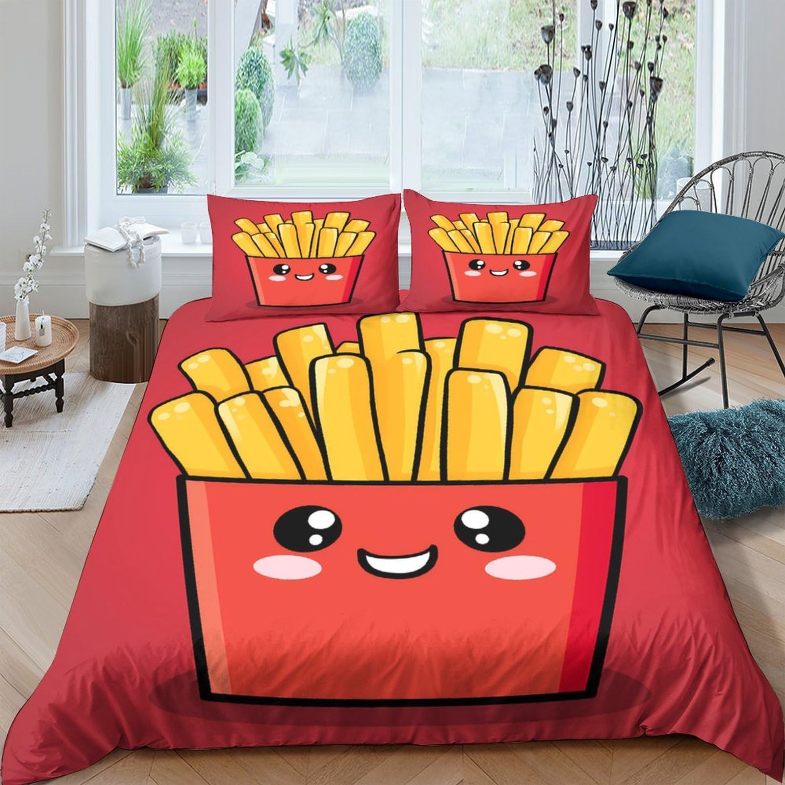 Ctjqhvkz Style-1 3D Printed Cartoon French Fries Fitted Sheet Microfiber Anti-Slip Red Snack Pattern Mattress Cover For Bedroom Dorm Decor Single（135X200cm）
