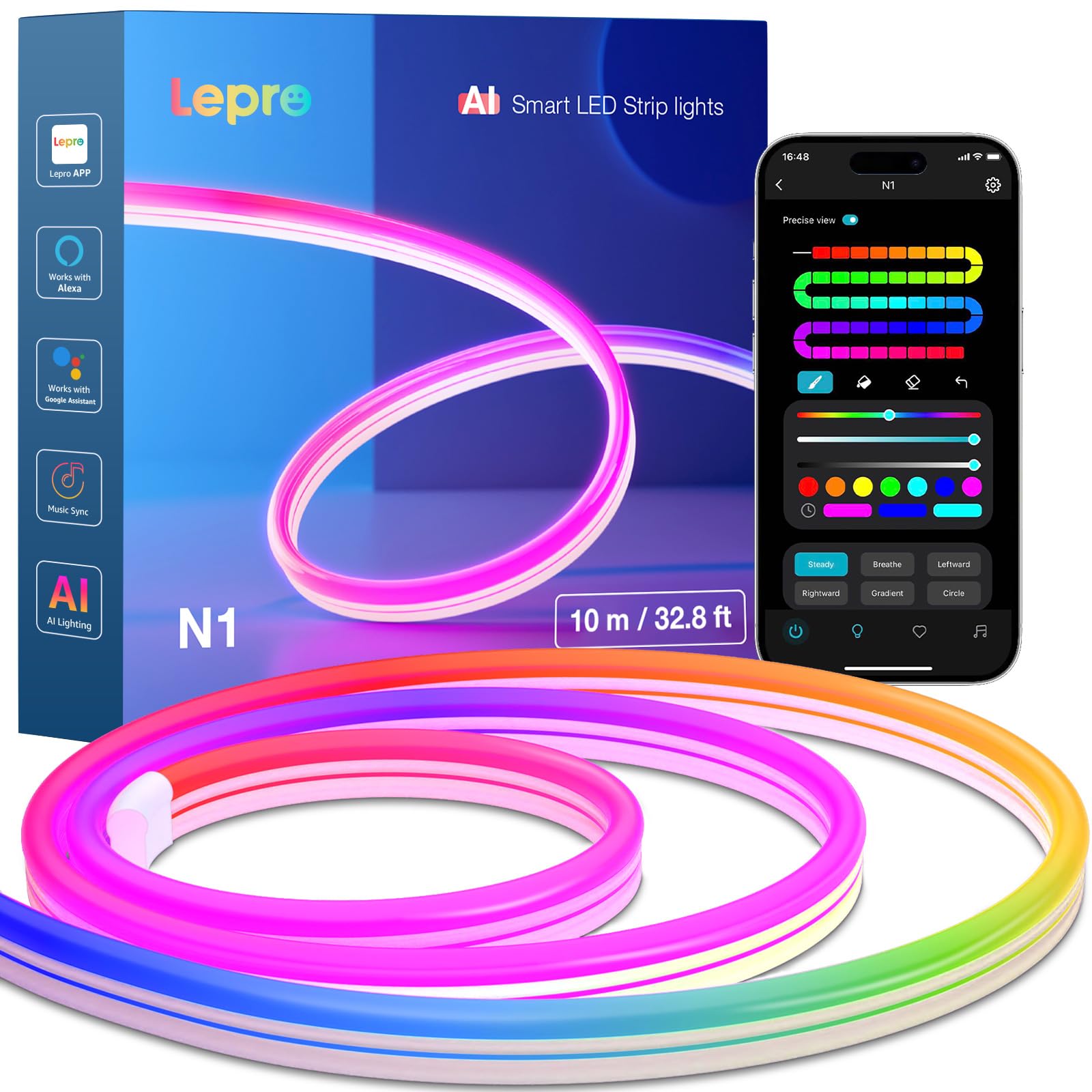 Lepro N1 AI Striscia LED Neon 10M,Compatibile Alexa/google Home,Smart Striscia Neon RGB+IC per Camera da Letto,Controllo Segmentato del Colore,Assistente di Progettazione Illuminotecnica AI