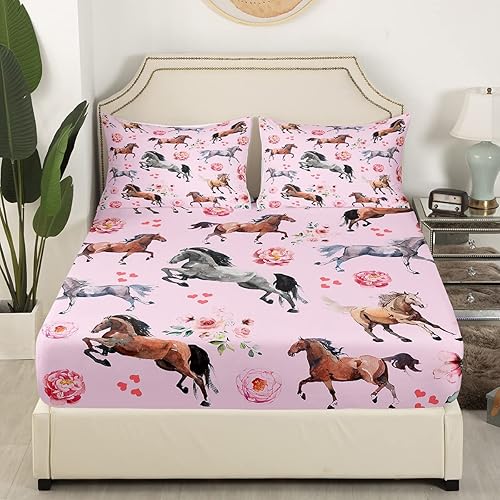 Miniatura 2 de Erosebridal Sábanas de cama de caballo, tamaño individual, para niños, niñas, rosa, rosa, floral, lindo corazón, kawaii, funda de cama con 1 funda