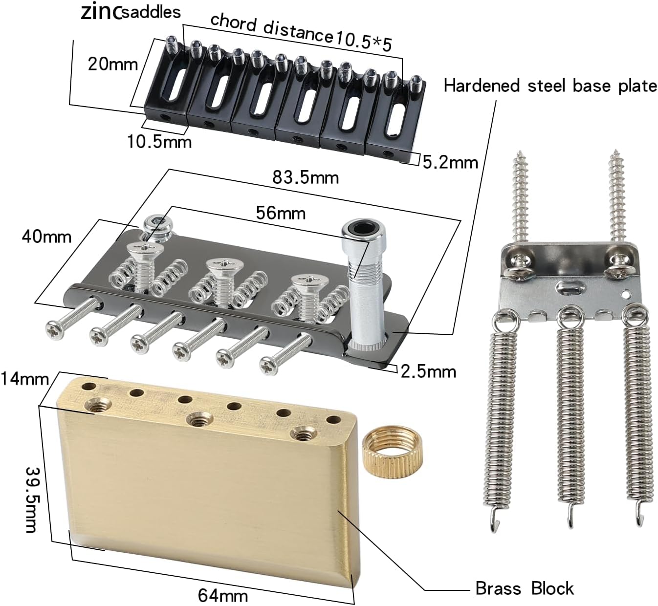 10.5mm Electric Guitar Bridge with Zinc Alloy Saddles Brass Block 2 Point Tremolo Bridge Compatible with Modern American Standard Start Guitar Replacement Parts（Glossy Black）