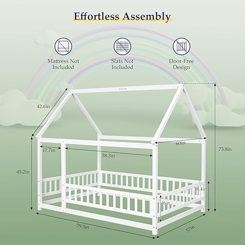 Miniatura 2 de Cama de piso de casa completa para niños, cama Montessori con rieles, marco de cama de piso con techo, cama de madera para niñas y niños, color