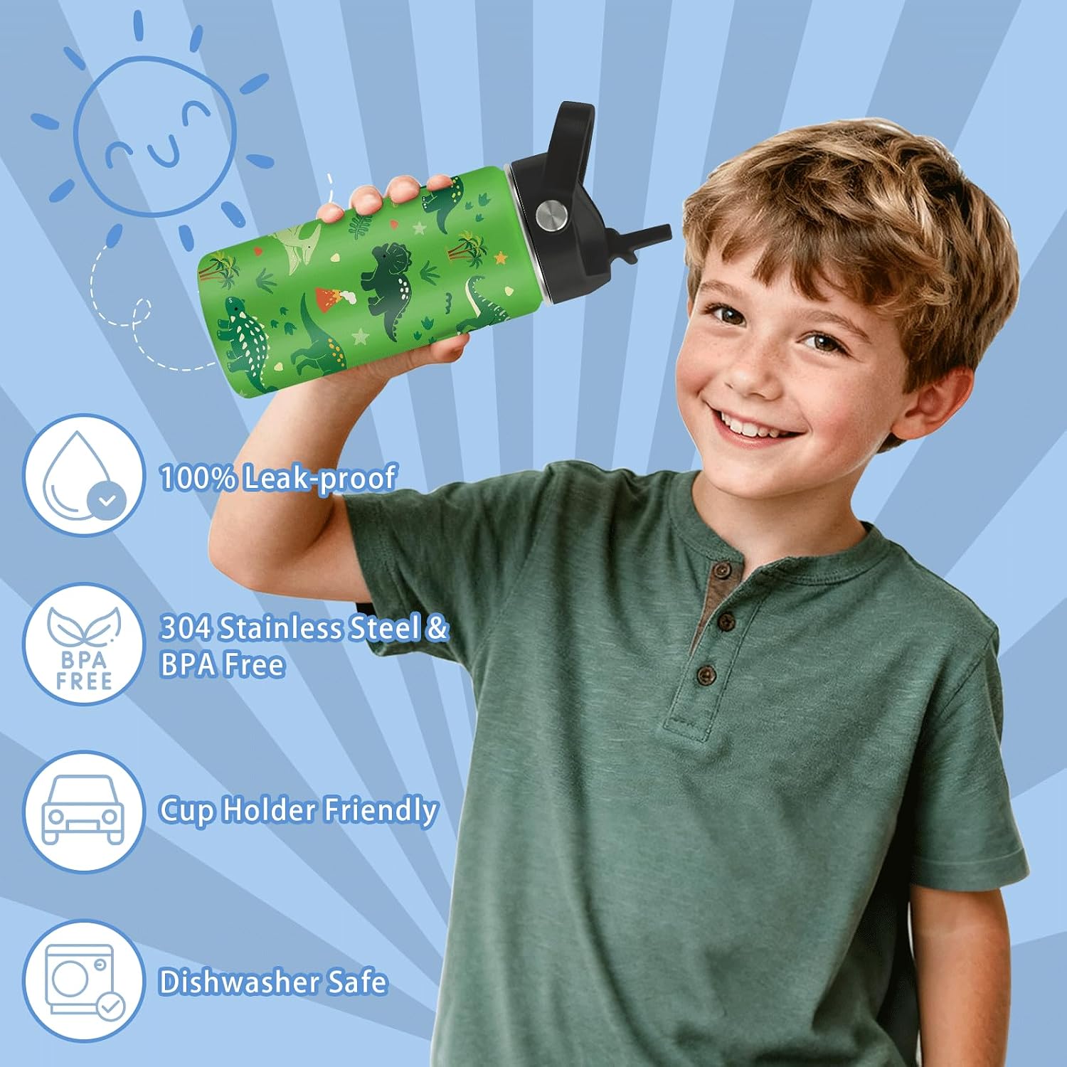 Hiboss Dinosaur Gifts for Boys, 16oz Kids Water Bottle with Straw Lid, Stainless Steel Insulated Dino Cup Tumbler, Dinosaur Lovers Birthday Gifts for School Sport Travel image 4
