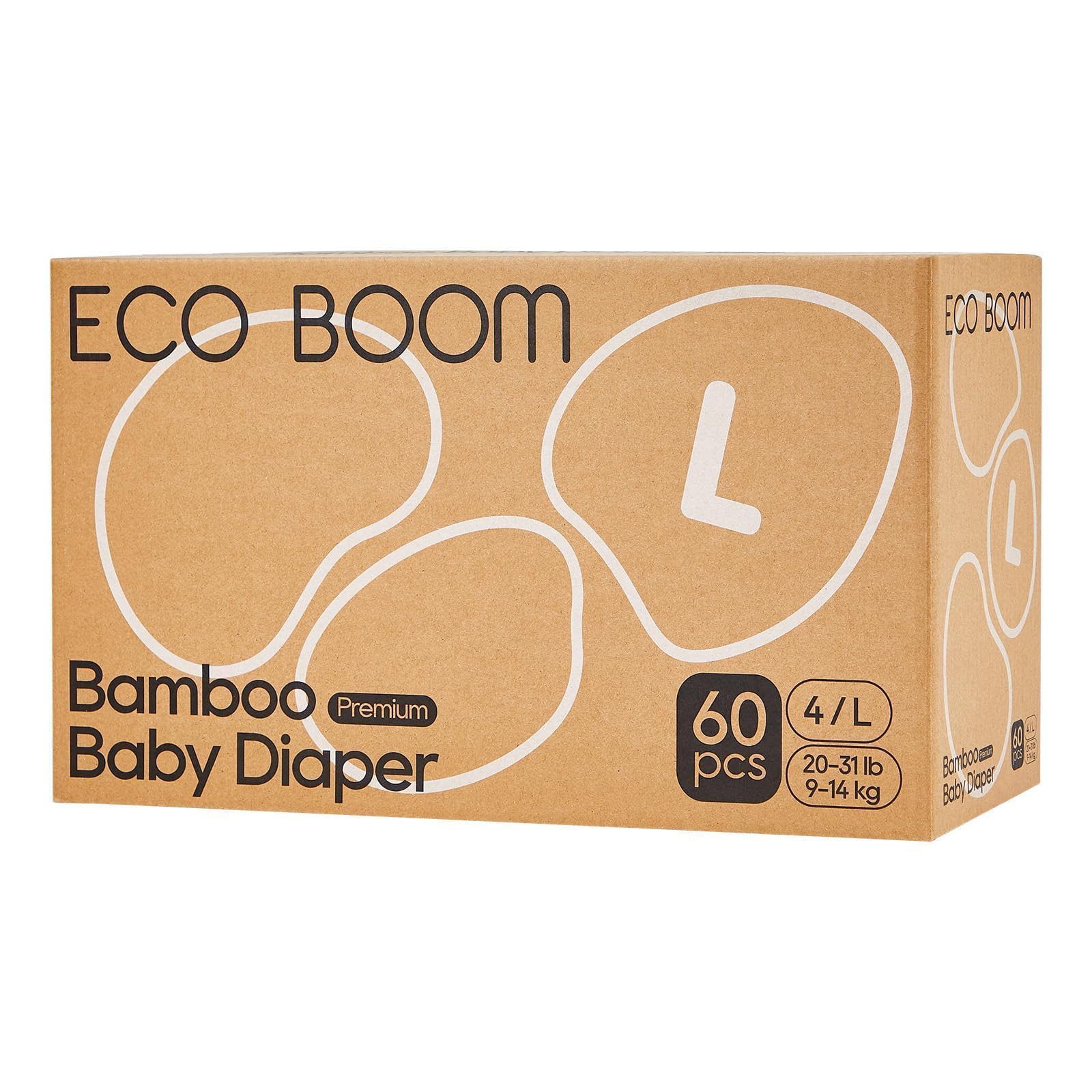 ECO BOOM Pañales ecológicos premium para bebé, talla 4, de bambú (9-14 kg), para pieles sensibles de los bebés, paquete de medio mes, 60 unidades