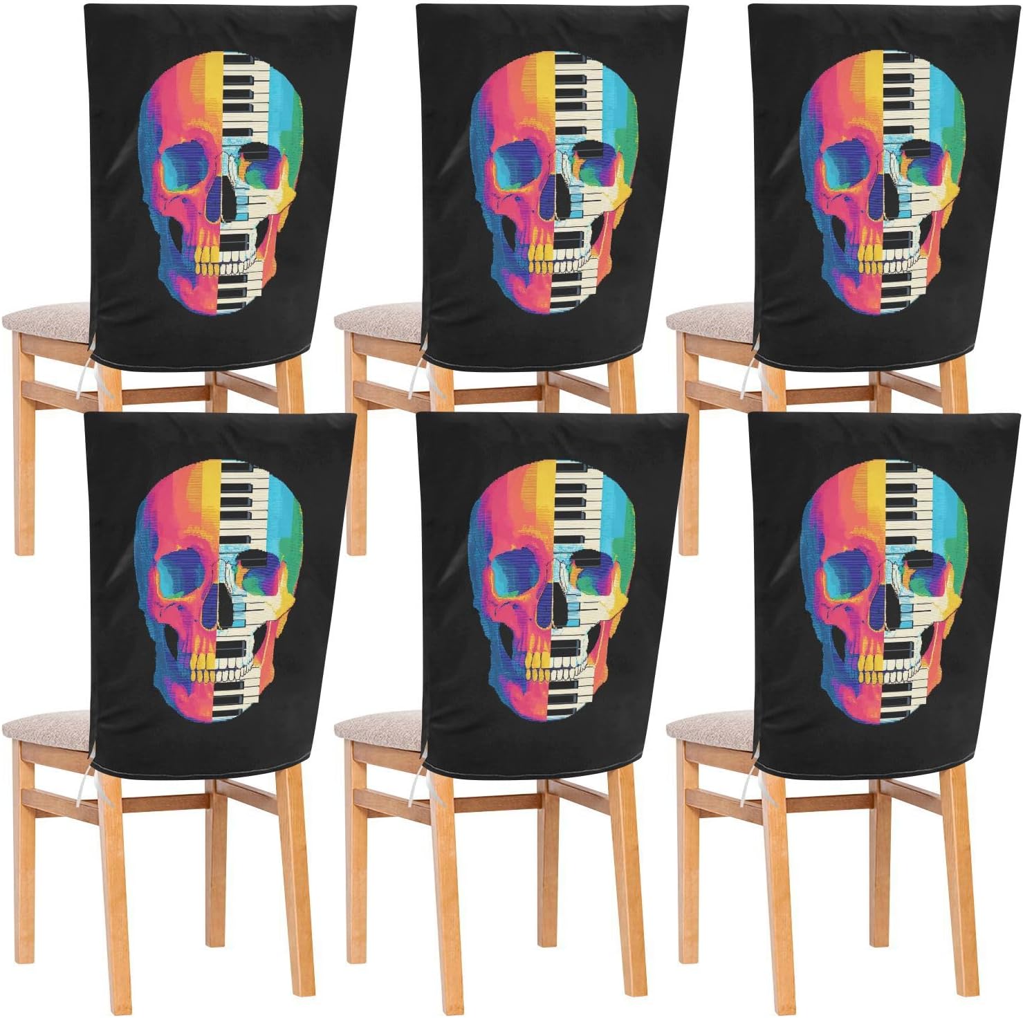 ALAZA Music Piano Keys Rainbow Skull Chair Back Cover Set of 6, Washable Reusable Removable Chair Slipcovers Decorative Chair Cover for Home Kitchen Wedding Party