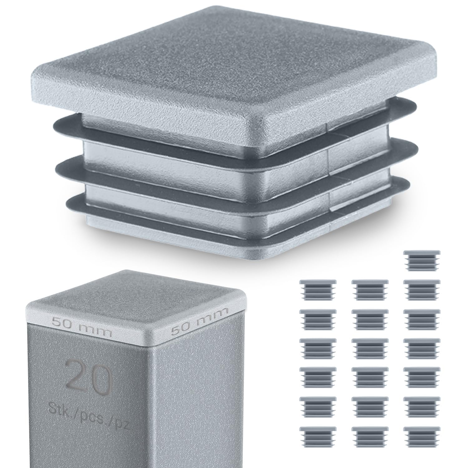 Emfa Grey Square End Caps 50X50 Mm – Plastic Tube Inserts For Steel Box Section – Tube Plugs – 20 Pcs