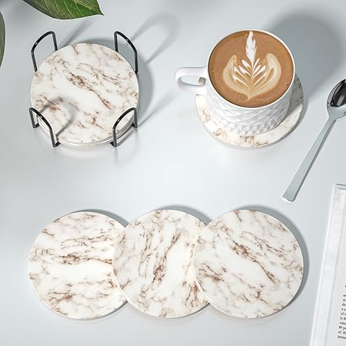 Miniatura 6 de Posavasos absorbentes con soporte, juego de 6 posavasos absorbentes, posavasos de ágata de cerámica con mármol y base de corcho para mesa de café,