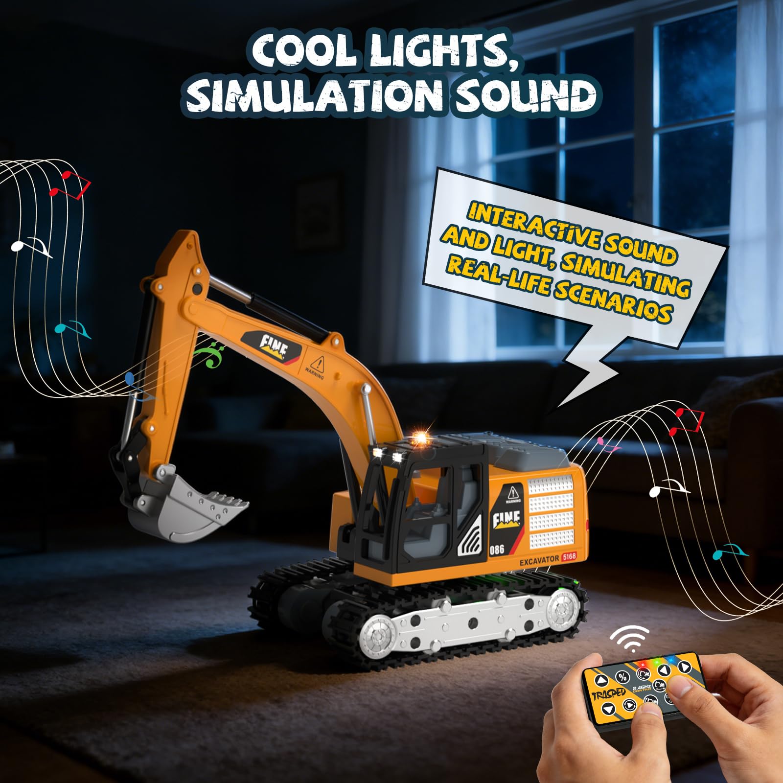 YESHIN Excavadora a Control Remoto, Juguete de Excavadora RC de 2.4 GHz con Luces y Sonidos, Mini vehículo de aleación a Control Remoto con Velocidad Ajustable — A Partir de 3 años