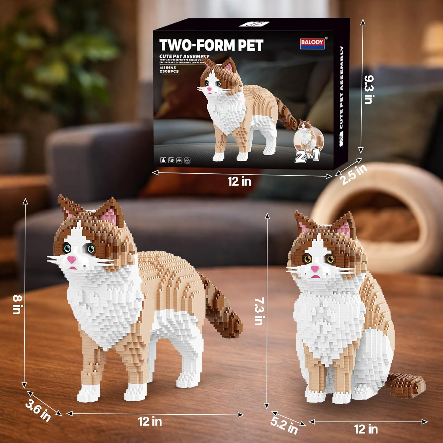 2 in 1 Cat Building Blocks Set 2308pcs, DIY 3D Micro Cute Cat Model Kit with Meow Sound Button, Realistic Animal Toy, No Compatible with Lego Cat, Animal Lover Gifts, Home Decor for Teens Adults