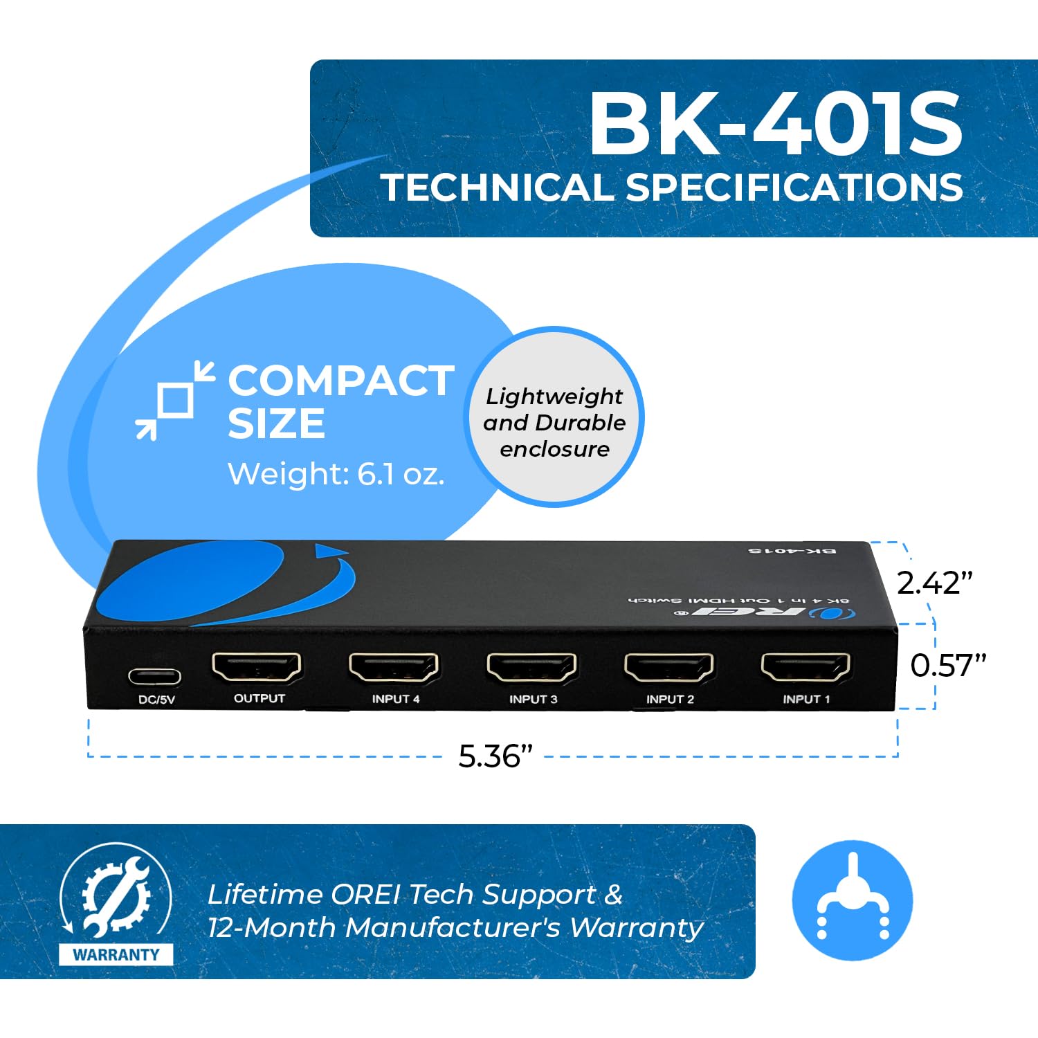 OREI Commutateur HDMI 4K 4 x 1, commutateur Arc Audio Extracteur Prend en Charge jusqu'à 4K 2K 30Hz 1080P IR Télécommande