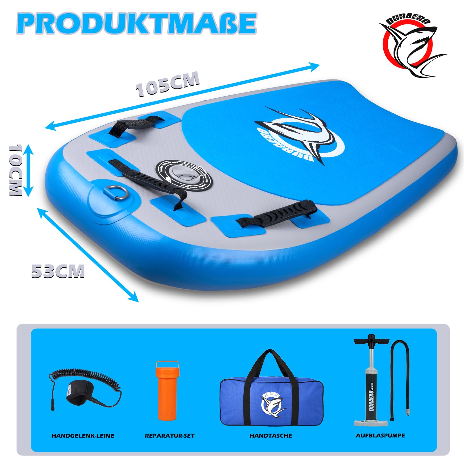 DURAERO Aufblasbares Bodyboard 105 x 53 x 10 cm, Boogie Board für Kinder und Erwachsene, mit 3 sicheren Haltegriffen, Leash, Pumpe, Tragetasche und Reparaturset