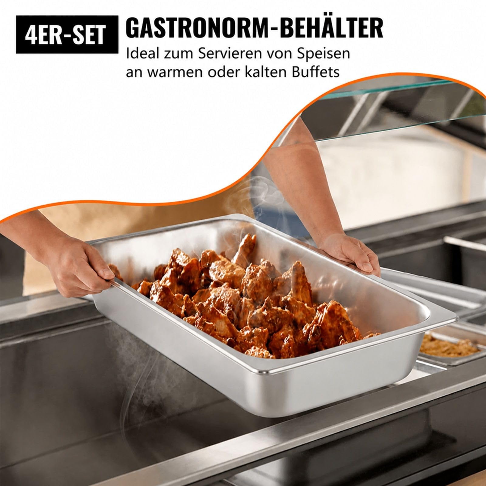 4 Gastronormbehälter aus Edelstahl mit Deckeln für Gastronomie, Buffet und Saladette
