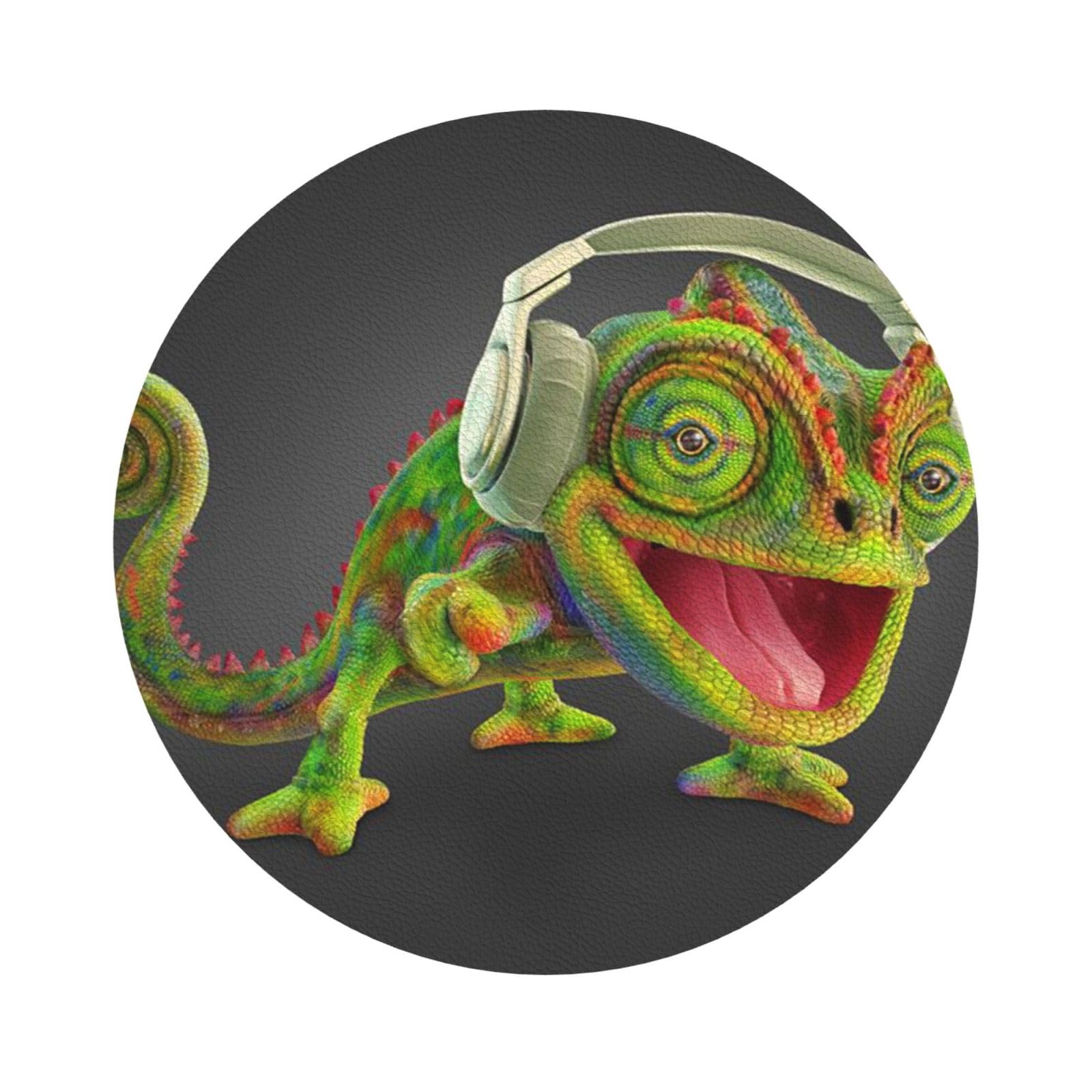 Chameleon listen music PU Leather Coasters Set of 6 Round Drink Coasters