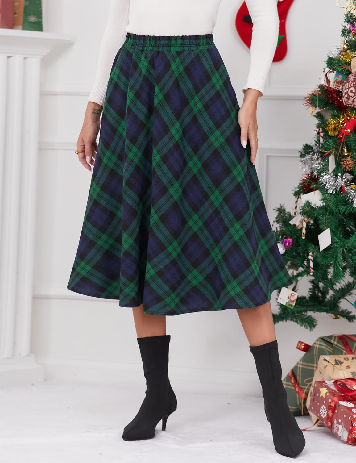 IDEALSANXUN Women’s Plaid Skirt Elastic Waist A-line Midi Pleated Skirts - Image 2