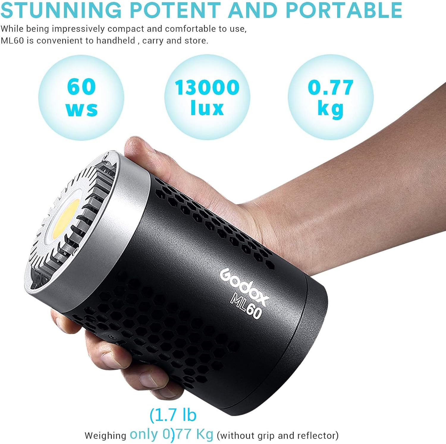 Godox ML60 LED Studio Light, AC or V Mount Lithium Battery Power Supplied, with 8 FX Slilent Mode CRI 96 TLCI 97 5600K Bowens Mount Protable 60W LED Video Light