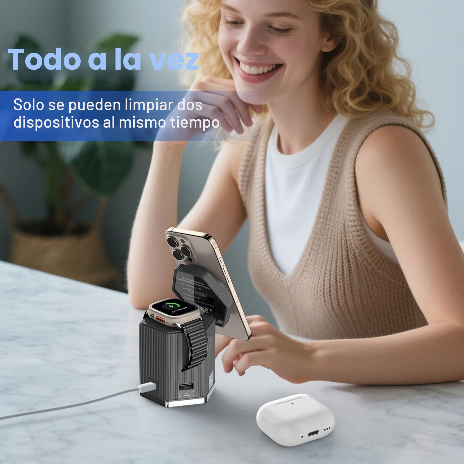 SERUW Estación de carga 5 en 1 para cargador magnético de Apple iPhone, soporte de carga inalámbrico rápido (1 USB y 2 tipo C) para iPhone 16, 15, 14, 13, 12 Series, Apple Watch, AirPods