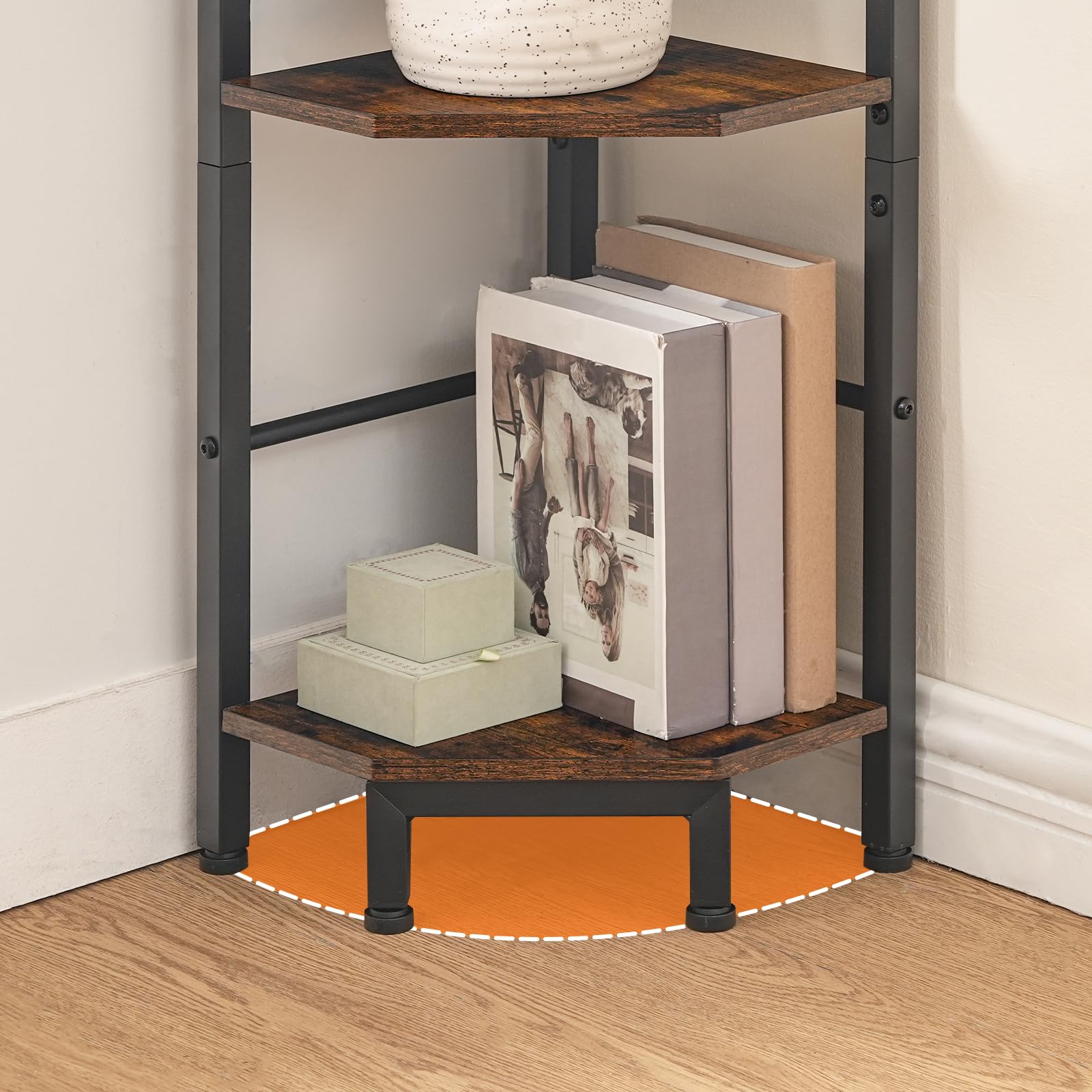 HOOBRO Scaffale Angolare a 5 Ripiani, Libreria Verticale da Angolo, Libreria Scaffale per Soggiorno, Camera da Letto, Studio, Cucina, Marrone Vintage e Nero EBF100CJ01