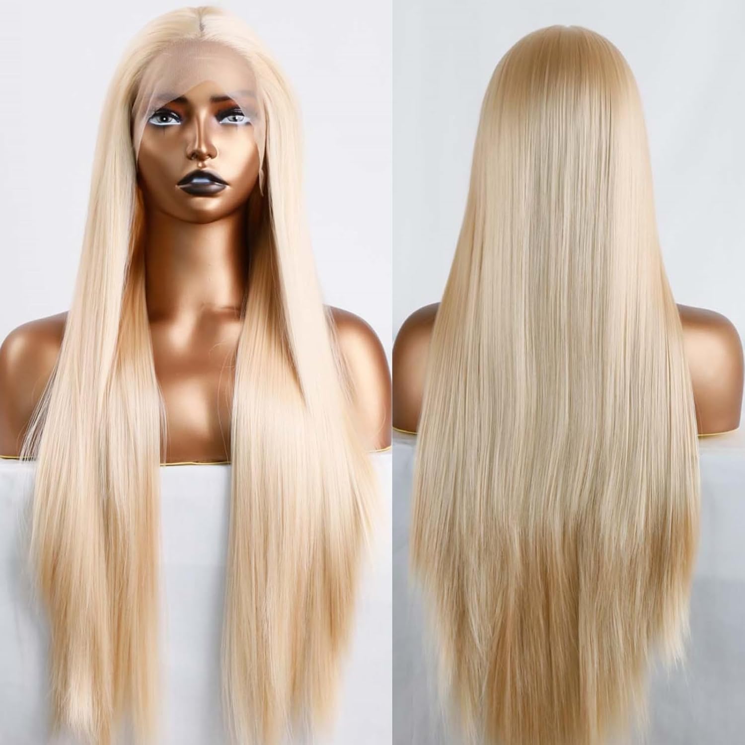 24" Long Silky Straight Blonde Synthetic Lace Front Wigs with Middle Part Natural Hairline Cosplay Wigs Daily Use Wigs