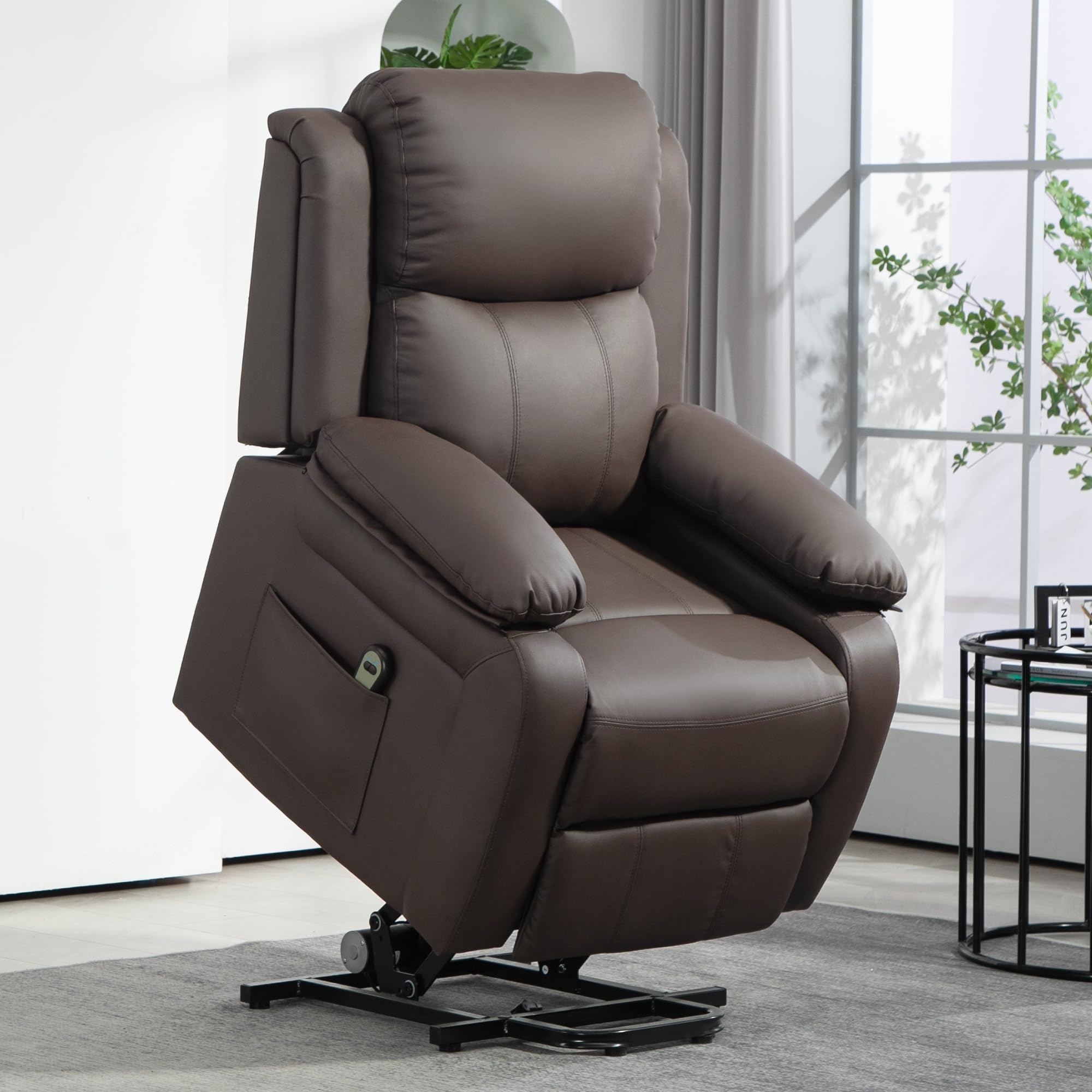 HOMCOM Sillón Relax Eléctrico Reclinable Levanta Personas, Sillón Elevador, con Respaldo Alto, Control Remoto, Reposapiés, Acolchado Grueso, Tapizado en PU, Bolsillos Laterales, Marrón Oscuro