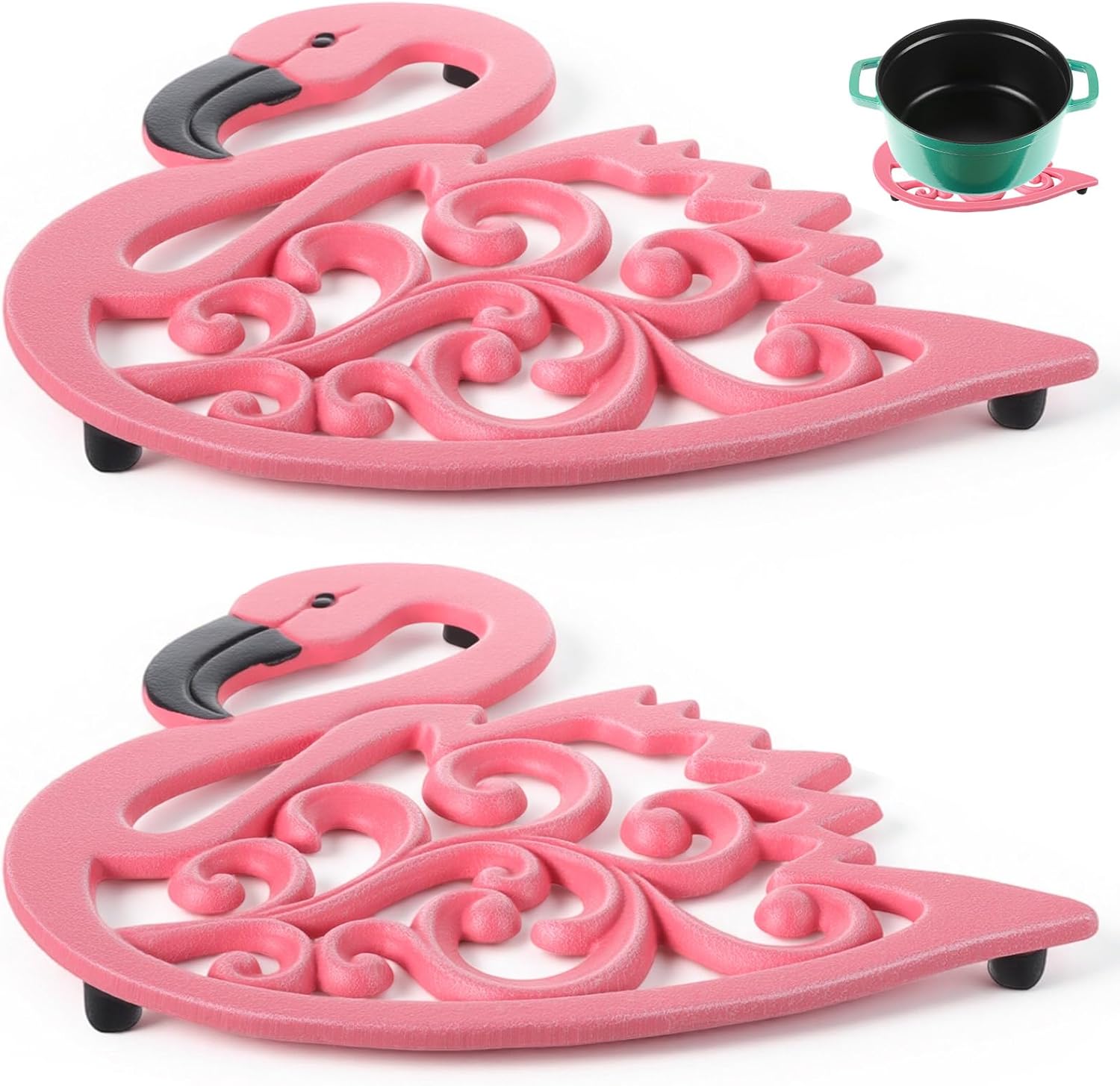 Zhehao 2 Pack Cast Iron Trivets Pink Flamingo Trivet for Hot Dishes, Pots and Pans with Non-Slip Rubber Pegs Rustic Metal Pot Holders for Kitchen Countertop Dining Table Home