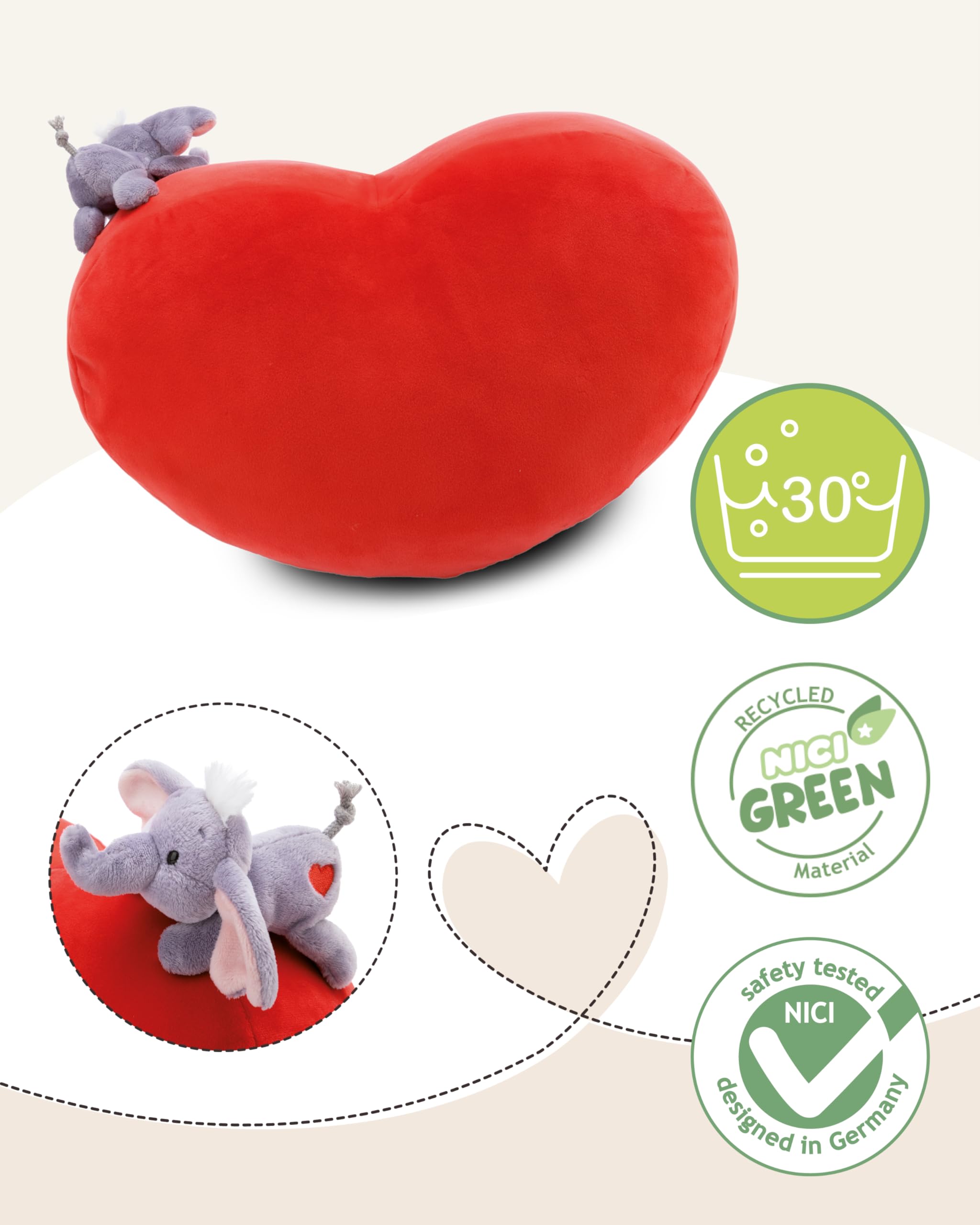 NICI poduszka Słoń LOVE w kształcie serca 42x27cm z przytulanką słonikiem 12cm czerwony - Puszysta poduszeczka dla chłopców, dziewczynek i niemowląt - Idealna do domu, przedszkola lub podróży - 61491