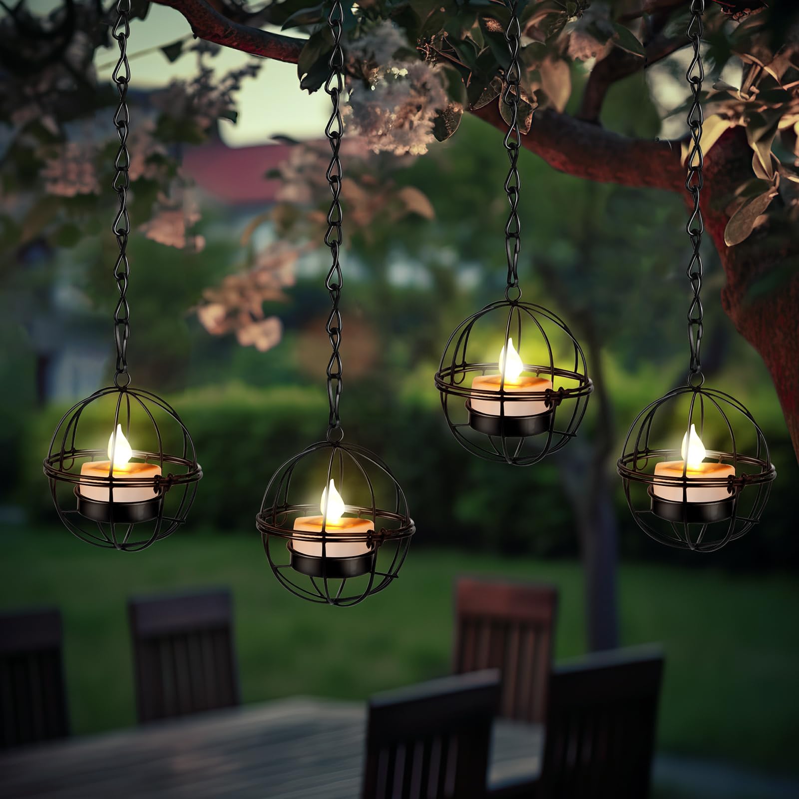 VIHOSE Confezione da 4 lanterne solari da appendere per esterni, portacandele a sfera con luci solari da appendere all'albero, impermeabili, idee per cortile, pergola, albero, recinzione, decorazione