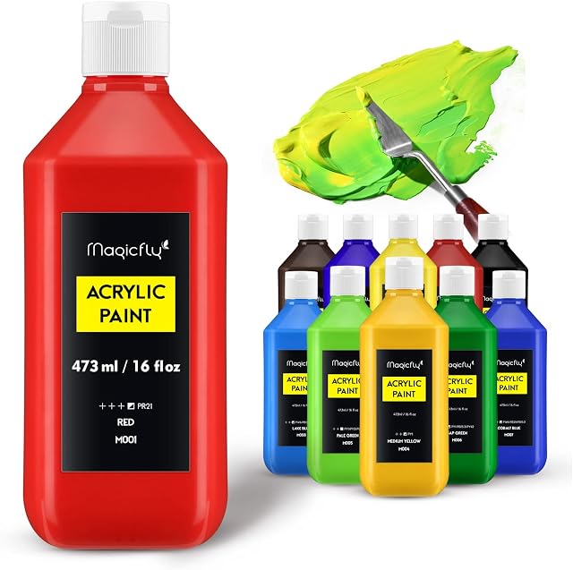 Magicfly Acrylic Paint 12 Colours/473ml, Large Bottles Acrylic Paint Set Rich Pigment Colours for Artists, Beginners, Amateurs on Glass, Stone, Canvas, Wood, Craft