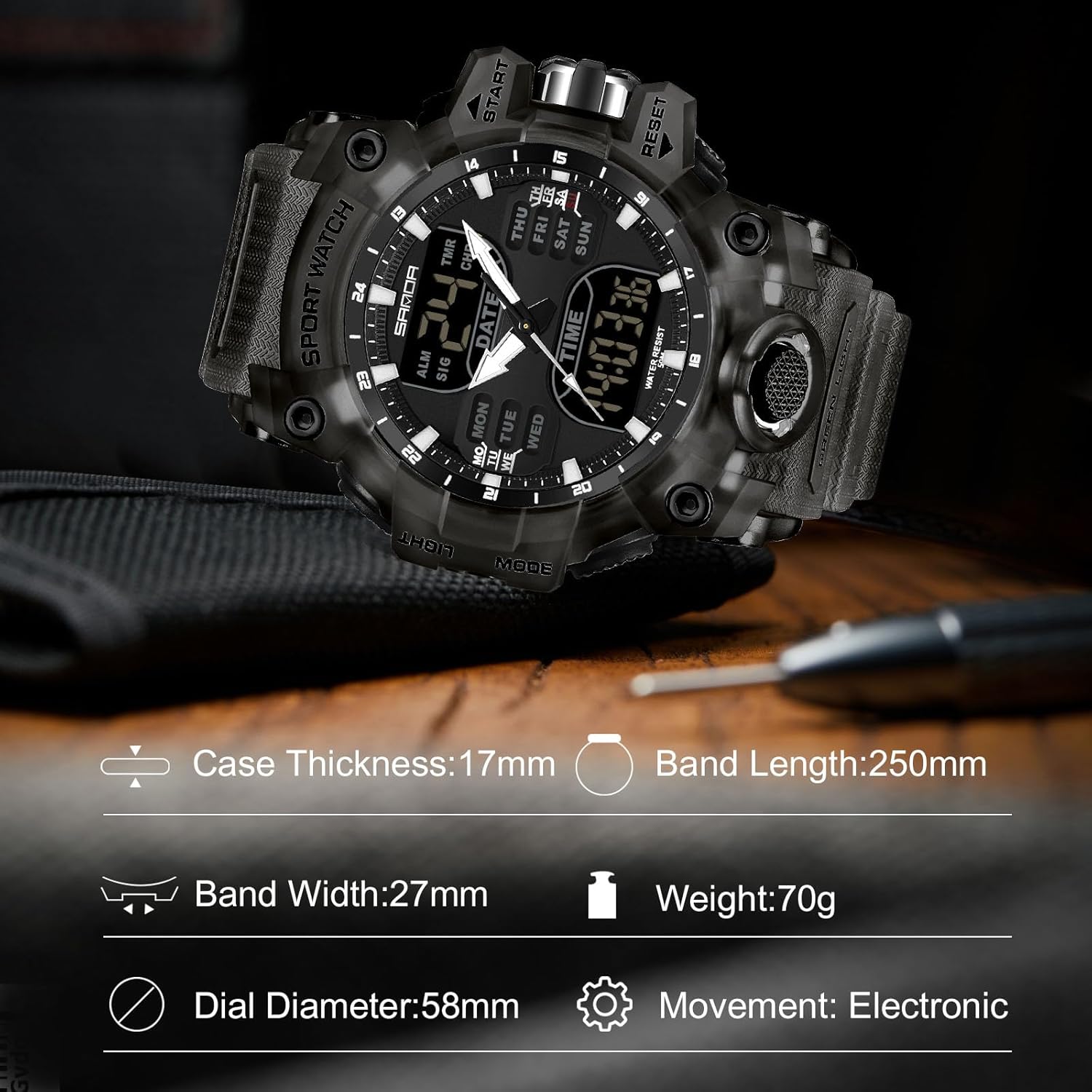 Diagram illustrating the dimensions of the RORIOS watch: Case Thickness 17mm, Band Length 250mm, Band Width 27mm, Weight 70g, Dial Diameter 58mm, Movement Electronic.