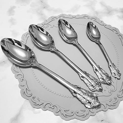 Miniatura 5 de Gugrida Cuchara de servir buffet de acero inoxidable de 4 piezas, cuchara grande, cuchara redonda, juego de cubiertos brillantes (plata pura)
