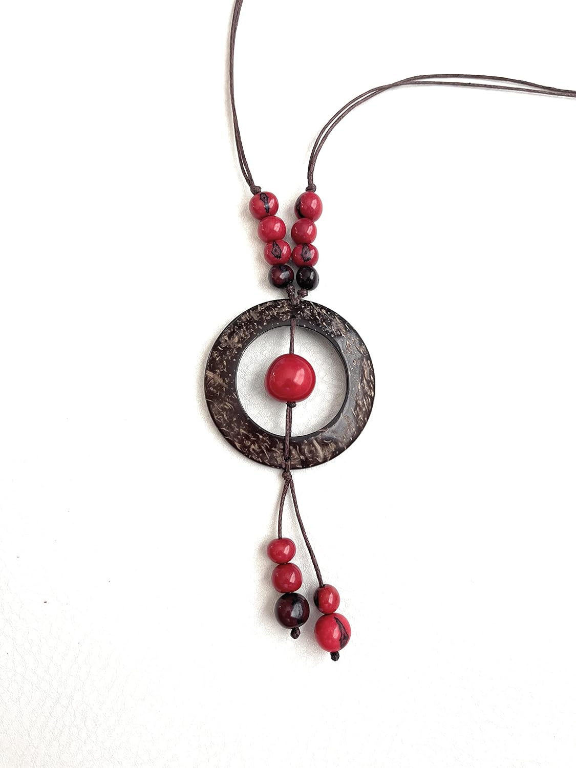 Tagua nut and coconut pendant necklace in red, Brown, organic tagua nut jewelry TAG734R, adjustable Necklace