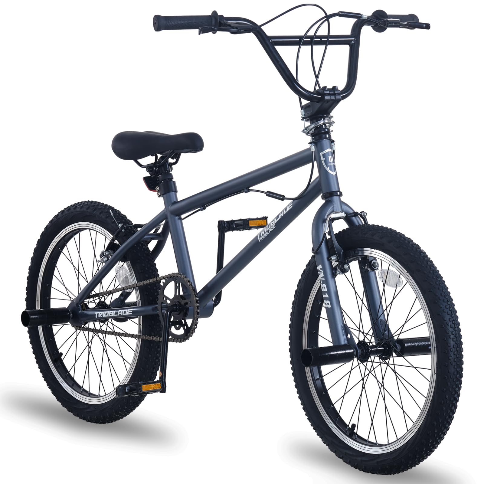 LSBIKE 20 Inch BMX Bike Freestyle BMX Bicycle with Black Steel Frame, 360° Rotatable Handlebar, Front & Rear Pegs, Aluminium Rims, Dual Brakes, for Teens & Adults (Grey)