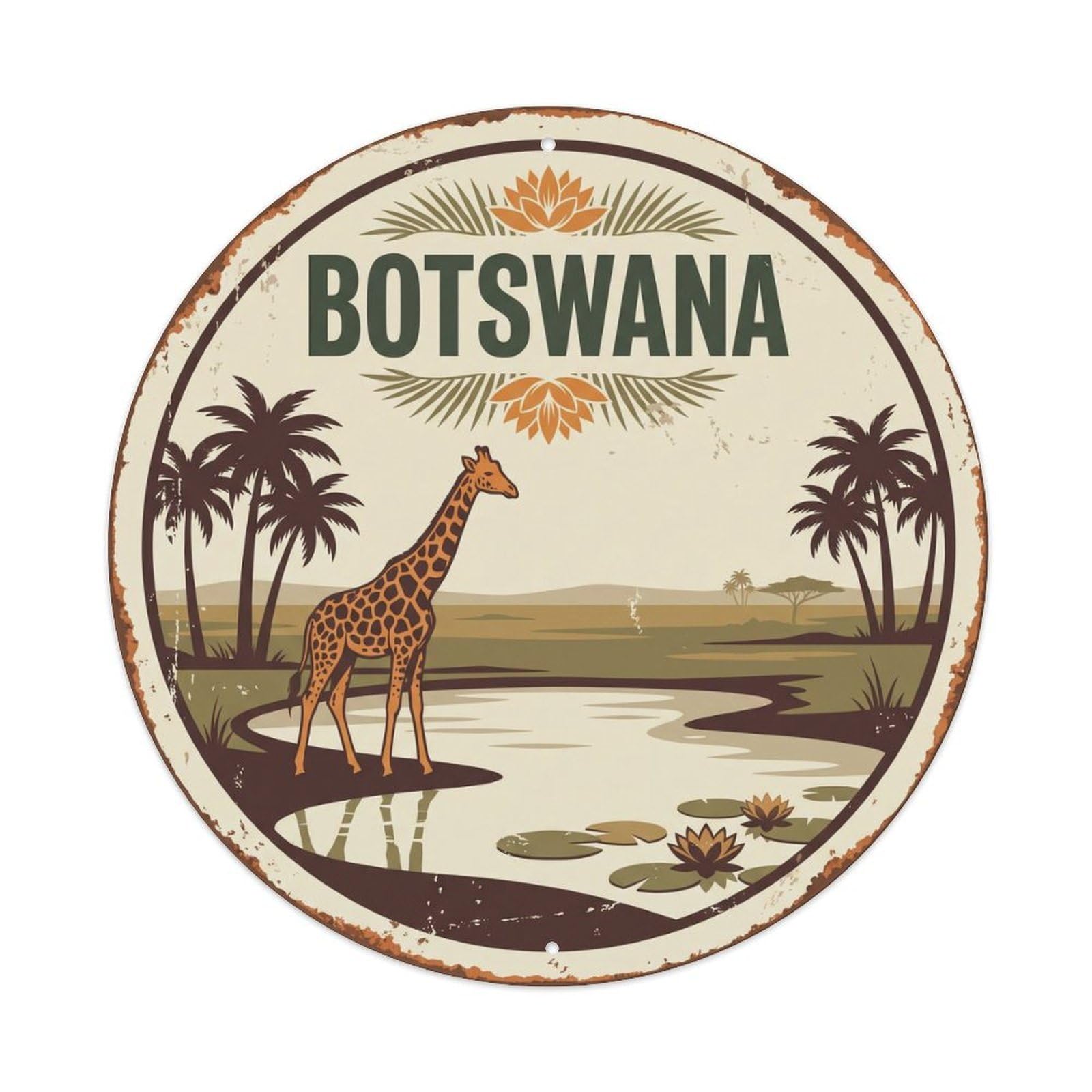 Botswana Giraffe Waterhole Palms Metal Tin Sign