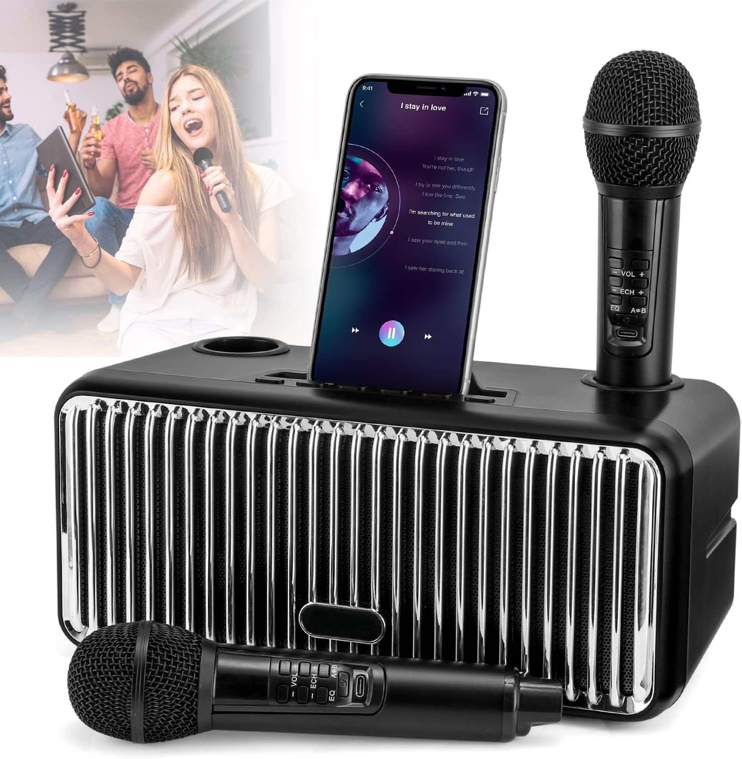 Karaoke Machine with 2 Wireless Microphone, Bluetooth Karaoke Speaker with PA System/Speaker/USB/TF Card/AUX In, Singing Machine for Home Parties, Meetings, Church, Picnic, Outdoor/Indoor