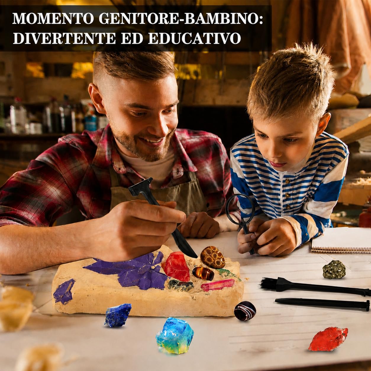 Kit di Scavo per Bambini con 15 Vere Gemme, Pietre e Cristalli da Scoprire, Gioco Educativo di Geologia, Regalo Archeologico per Bambini e Bambine