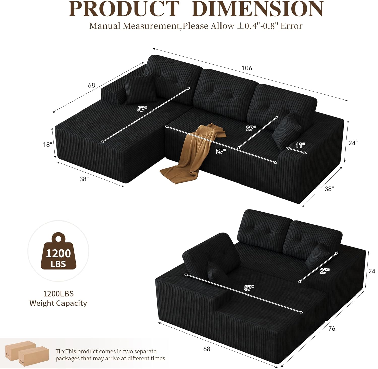Ball & Cast 106" Cloud Sectional Couch, Compressed L-Shaped Sofa with Deep Seat Chaise, Boneless No Assembly Modular Couch, Foam & Spring Support, 2 Boxes (Right Facing, Corduroy Black)