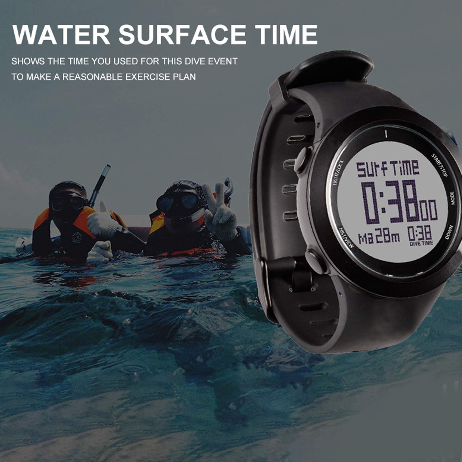 Schnorchel-Unterwassersportuhr, 100 m wasserdichte Tiefenmessung mit Tauchdatenanalyse, multifunktionale elektronische Uhr zum Schwimmen und Schnorcheln