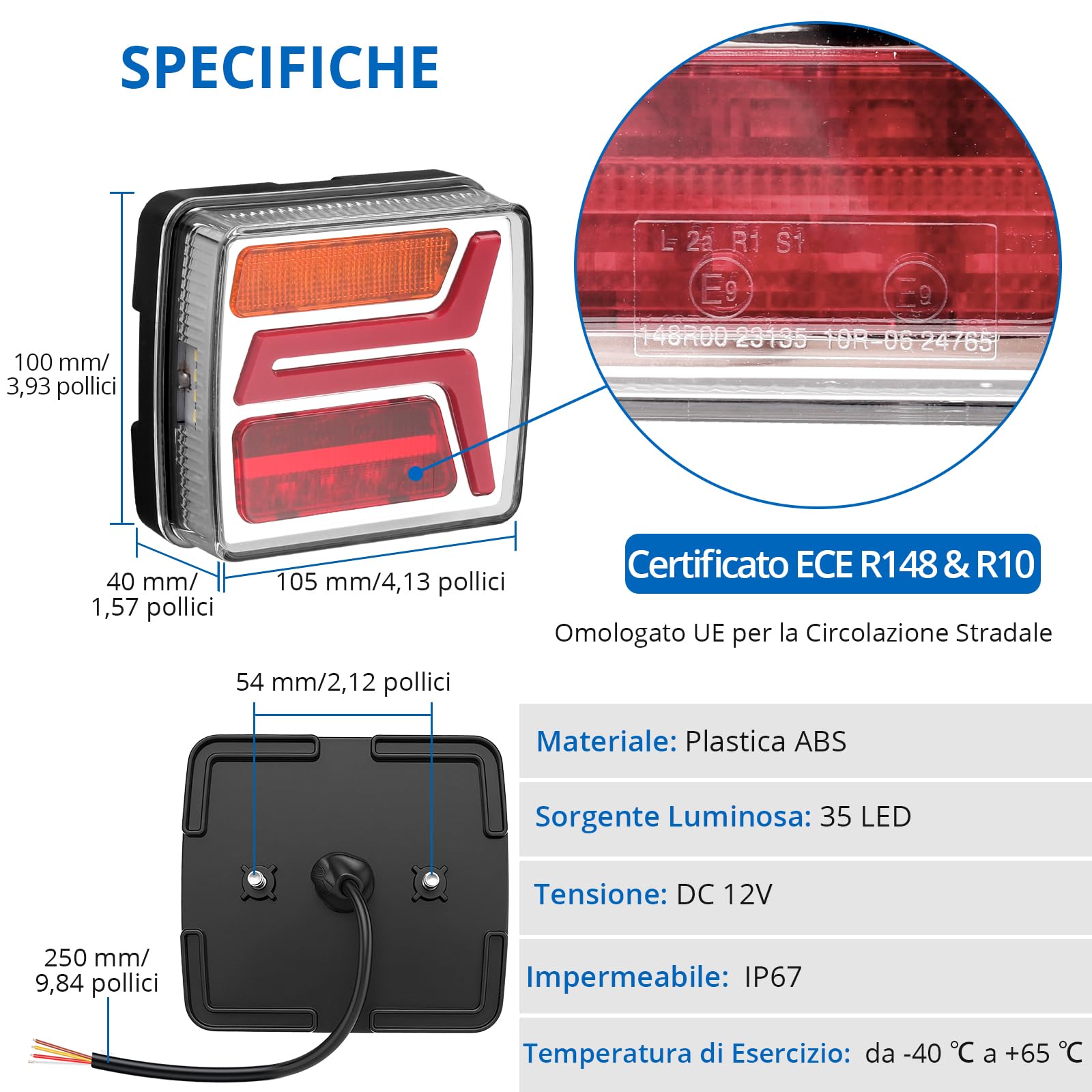 2x35 LED Luci Posteriori per Rimorchio, IP67 Impermeabile Fanali Posteriore con Cavo 25cm Esteso, Design Separato Freno/Marcia, Certificato ECE R148/R10 per Camion Camper Trattore