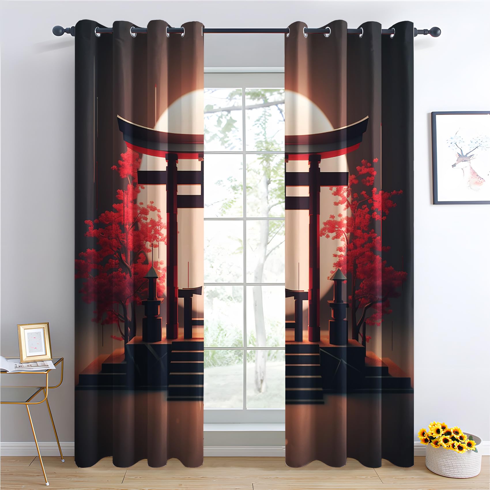 Rideau Occultant Thermiques Japonais - Lot de 2 Rideaux Imprimé pour Salon Chambre Fenetre Cuisine, Rideaux et Draperies Intérieurs à Oeillets, 110x215 cm (LxH)